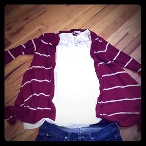 Soft, red and white cardigan style sweater